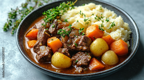 beef bourguignon, showcasing the rich, hearty essence of this classic French stew, garnished with fresh herbs, highlighting its comforting and indulgent nature