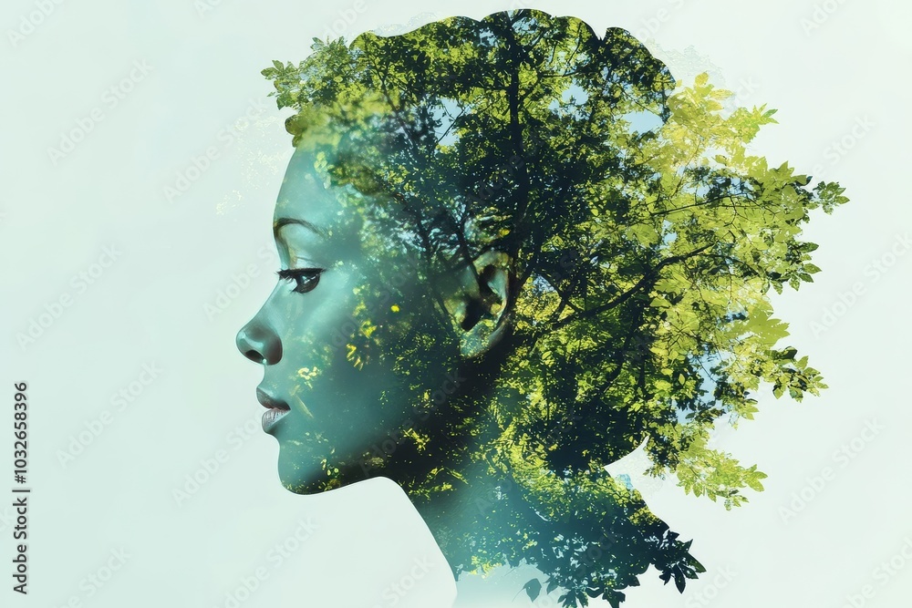 Profile of a woman’s face blended with a tree symbolizing the connection between nature and humanity growth and the nurturing power of the earth in a peaceful serene setting Profile of a woman’s face blended with a tree symbolizing the connection between nature and humanity growth and the nurturing power of the earth in a peaceful serene setting