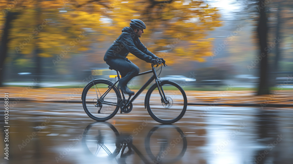 Cyclist riding through a park on a rainy autumn day with wet reflections on the ground and blurred yellow foliage in the background Cyclist riding through a park on a rainy autumn day with wet reflections on the ground and blurred yellow foliage in the background