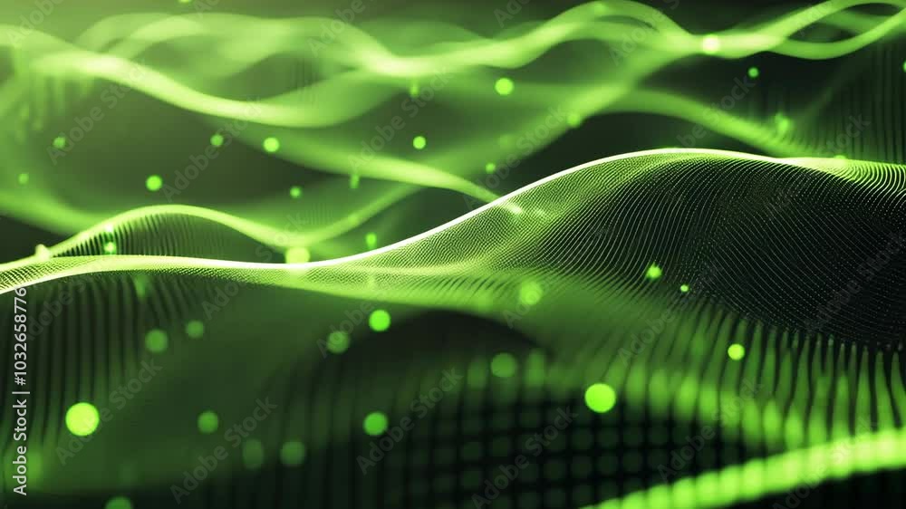 Abstract green waves with glowing particles, creating a mesmerizing digital landscape Abstract green waves with glowing particles, creating a mesmerizing digital landscape