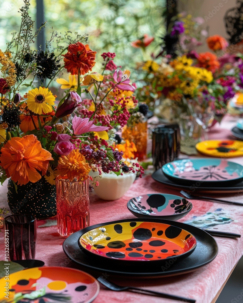 Thanksgiving table with contemporary art-inspired plates, avant-garde designs, and neon colors