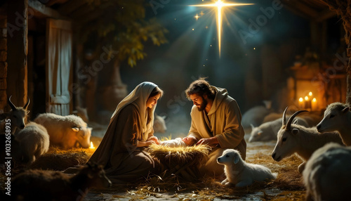 A serene nativity scene featuring Mary, Joseph, and baby Jesus in a manger, softly illuminated by candlelight, surrounded by animals. The star of Bethlehem shines brightly above
