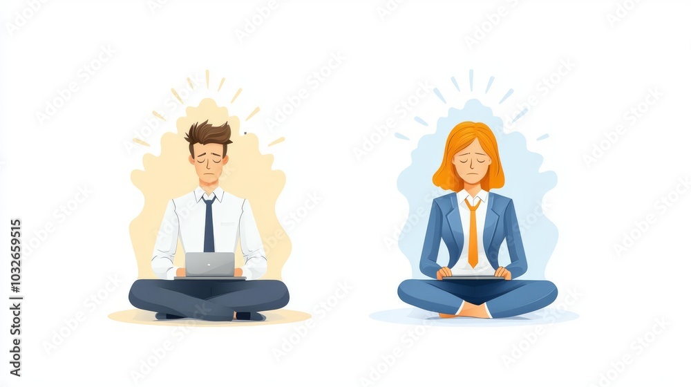 A peaceful scene featuring a man and a woman in business attire meditating, promoting mindfulness and productivity. A peaceful scene featuring a man and a woman in business attire meditating, promoting mindfulness and productivity.