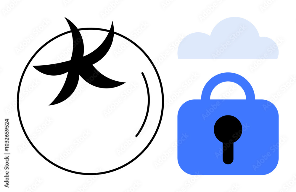 Tomato with a black star pattern and keyhole indicating security with a blue lock below a cloud. Ideal for agriculture, food safety, cybersecurity, cloud technology, and modern farming. Simplified Tomato with a black star pattern and keyhole indicating security with a blue lock below a cloud. Ideal for agriculture, food safety, cybersecurity, cloud technology, and modern farming. Simplified