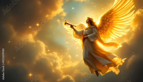 A glowing angel in flowing robes holds a golden trumpet, hovering gracefully in the sky to announce the birth of Jesus. Surrounded by soft, heavenly light and twinkling stars.
