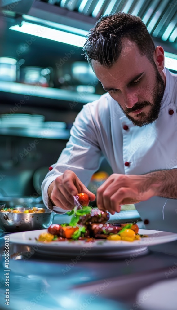 Chef Crafting Gourmet Dish in a Bustling Kitchen - Culinary Arts and Fine Dining Experience