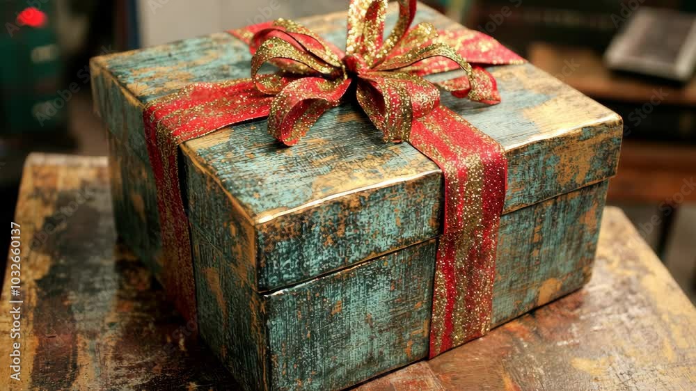 A gift box with a red and gold bow sits on a rustic wooden table Stock ...