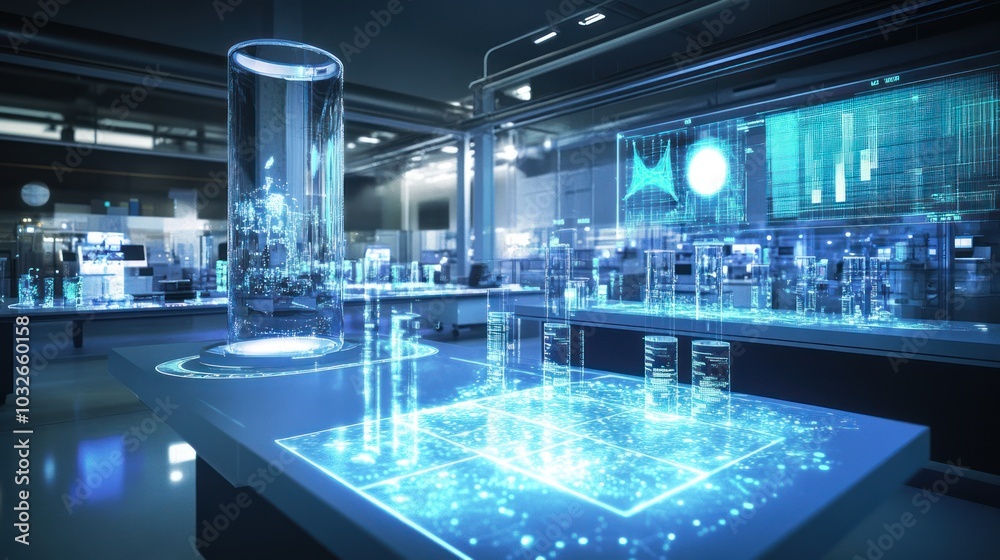 Futuristic laboratory with holographic displays and digital interfaces for scientific research. Futuristic laboratory with holographic displays and digital interfaces for scientific research.
