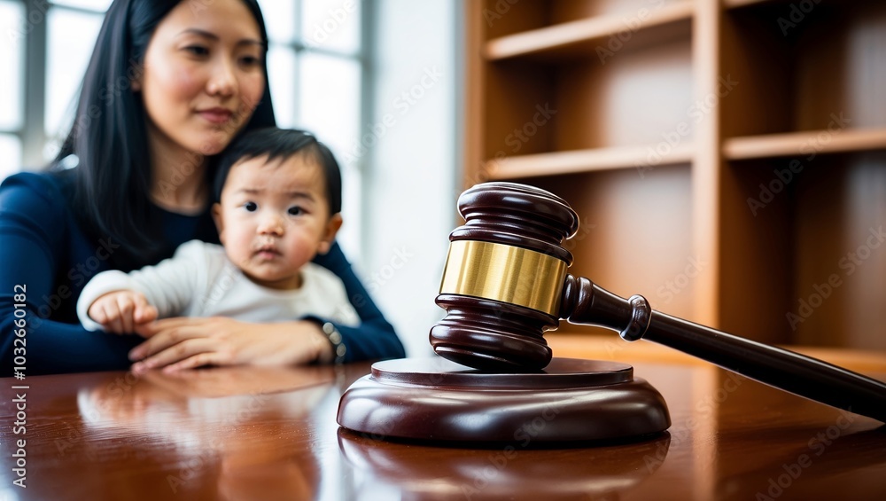 Gavel in focus with parent and child in courtroom Gavel in focus with parent and child in courtroom