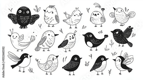 Wallpaper Mural A charming collection of hand-drawn birds in black and white, featuring various species and playful designs. Torontodigital.ca