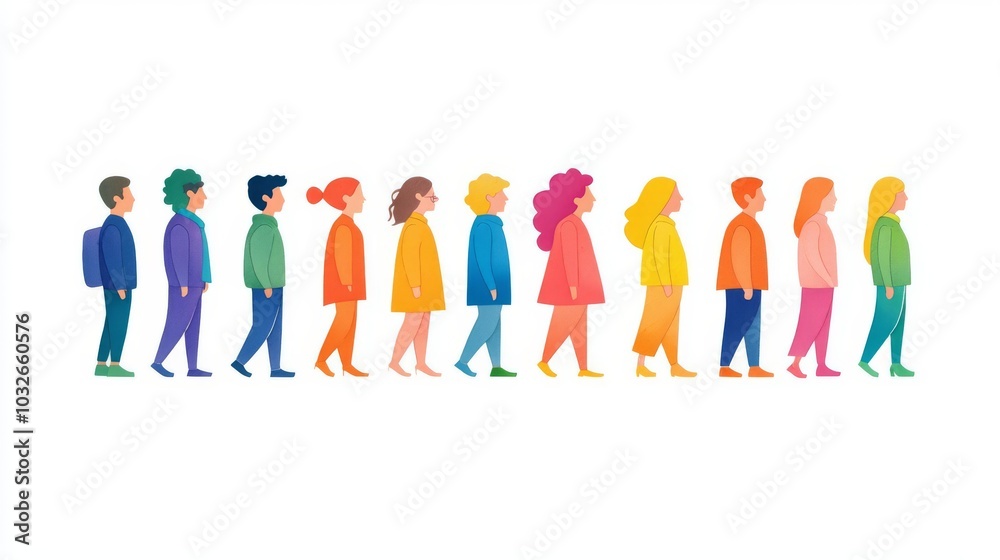 A colorful illustration of diverse individuals standing in a line, showcasing various styles and expressions in vibrant colors. A colorful illustration of diverse individuals standing in a line, showcasing various styles and expressions in vibrant colors.