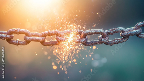 hand breaking a metal chain, symbolizing liberation and freedom. The shattered links represent overcoming obstacles and the triumph of the human spirit