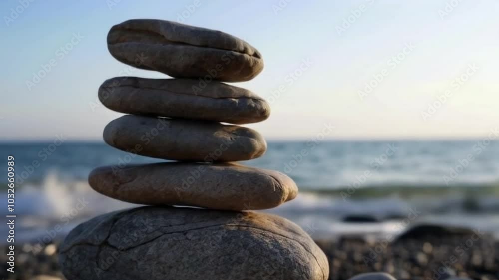Stunning 4K Animation of Stacked Balanced Stones on a Beach with Blurry Sea Background Stunning 4K Animation of Stacked Balanced Stones on a Beach with Blurry Sea Background