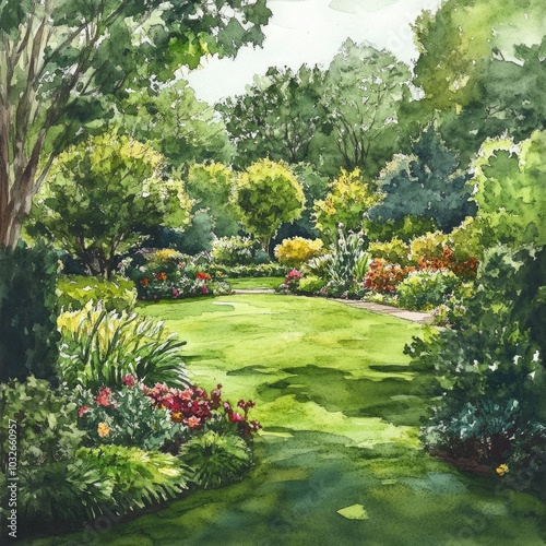 Tranquil Botanical Oasis: Watercolor Garden Design with Lush Greenery and Blooming Flowers