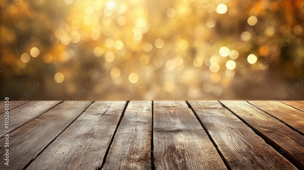 Warm Wooden Table Over Bright Bokeh Background Warm Wooden Table Over Bright Bokeh Background