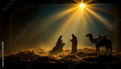 The star of Bethlehem shining brightly above the stable where Jesus was born. The rays of the star cast a soft glow over the scene, symbolizing the arrival of the Savior