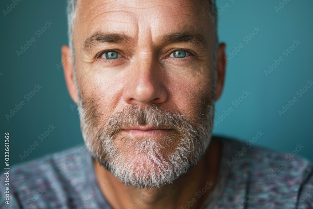 Obraz premium Confident Middle-Aged Man with Assertive Expression on Bold Teal Background for Portrait Design