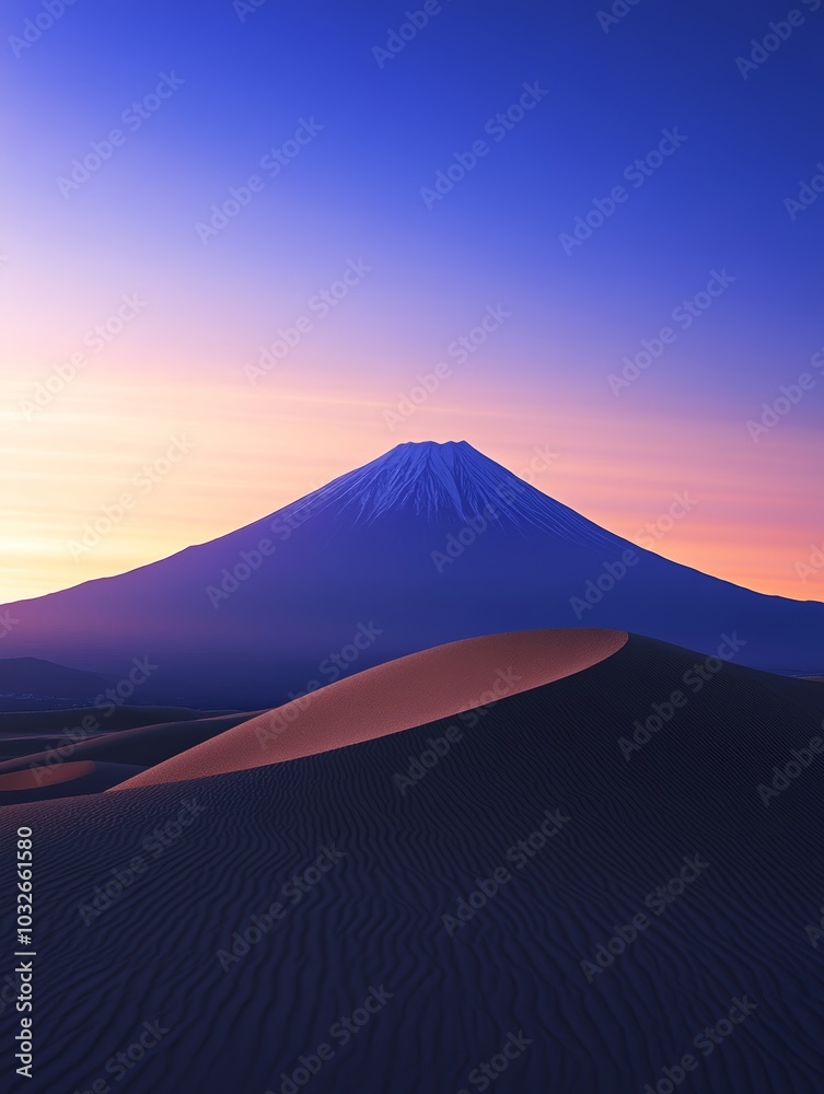 Fototapeta premium Mount Fuji rises majestically against a colorful sunrise, embraced by serene desert dunes in the foreground, creating a stunning landscape