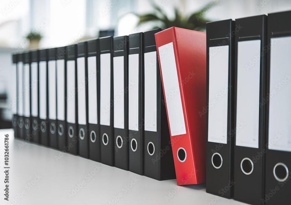 Colorful Binder Among Black Binders in Office Setting Colorful Binder Among Black Binders in Office Setting
