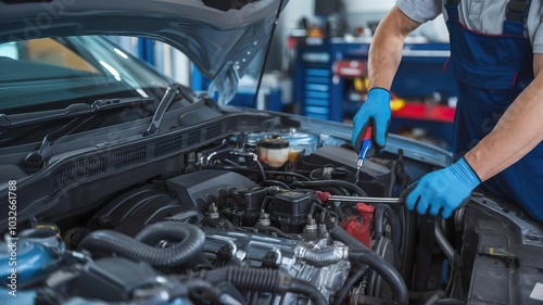 Mechanic Working on Car Engine in Garage