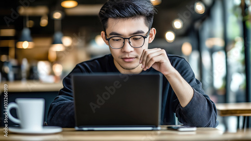 Focused young asian man working on laptop in modern cafe with a cup of coffee