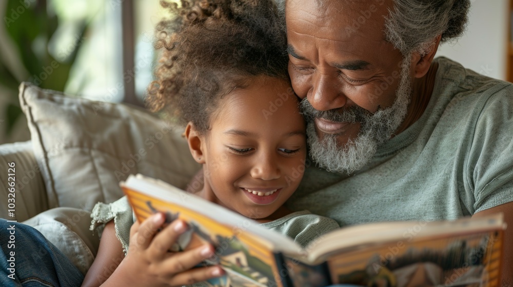 Horizontal view of a loving grandfather reading a story to his grandchild.
