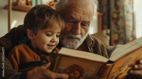 Calm and tender moment of a grandfather reading a book with his grandchild on his lap. photo