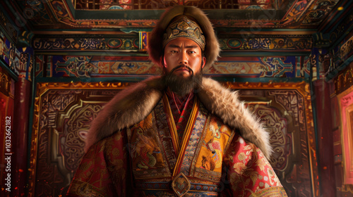 A youthful Emperor Kublai Khan, dressed in traditional Mongol imperial robes with intricate patterns and a grand fur hat, standing in a richly adorned palace hall with Mongolian motifs.  photo