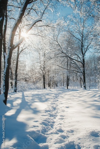 Winter landscape with sun shining through snowy trees in a quiet park, creating a tranquil atmosphere and peaceful path