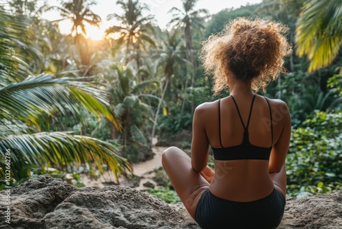 Woman meditating in a tropical jungle surrounded by lush greenery practicing mindfulness in nature with the golden glow of the setting sun filtering through palm leaves behind her