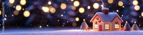 Christmas night background, a small house with lights, peaceful cozy life, winter`s holidays concept, country life, cosy 