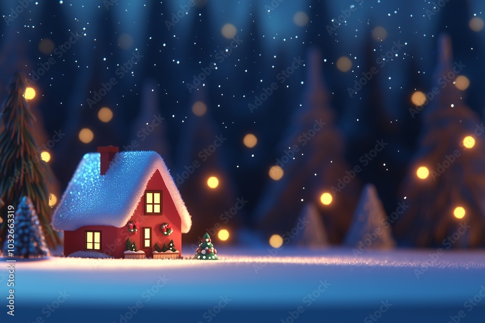 Fototapeta premium Christmas night background, a small house with lights, peaceful cozy life, winter`s holidays concept, country life, cosy 