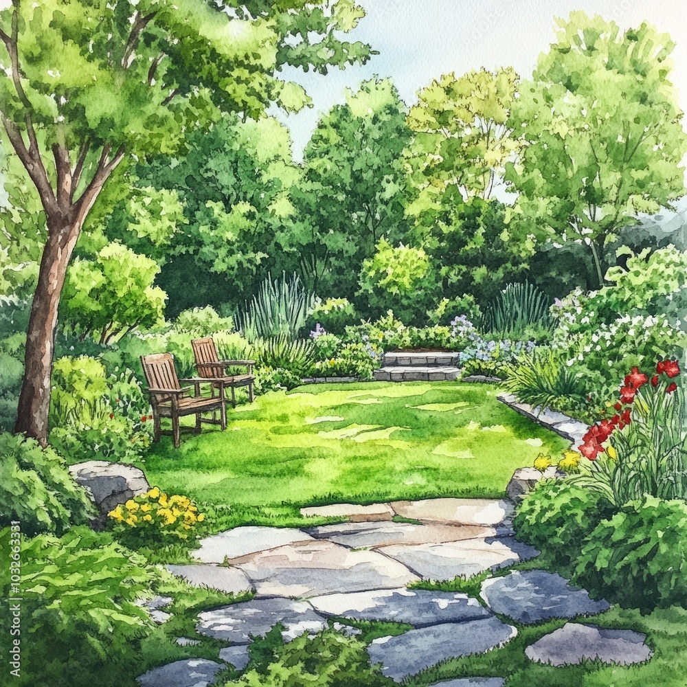 Tranquil Oasis in Flourishing Garden with Hand-Painted Watercolor Aesthetic Tranquil Oasis in Flourishing Garden with Hand-Painted Watercolor Aesthetic