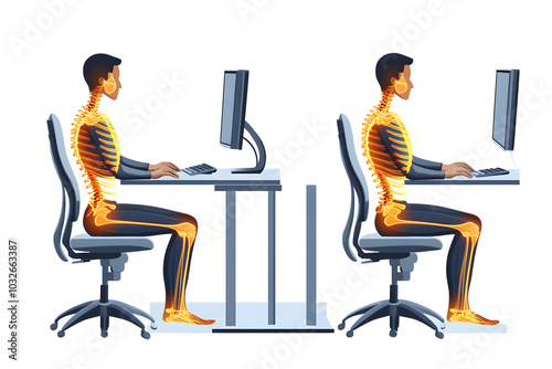 Correct vs incorrect sitting posture, spine alignment illustration, ergonomic office setup, impact of posture on health, skeletal visualization, back pain prevention, workstation tips