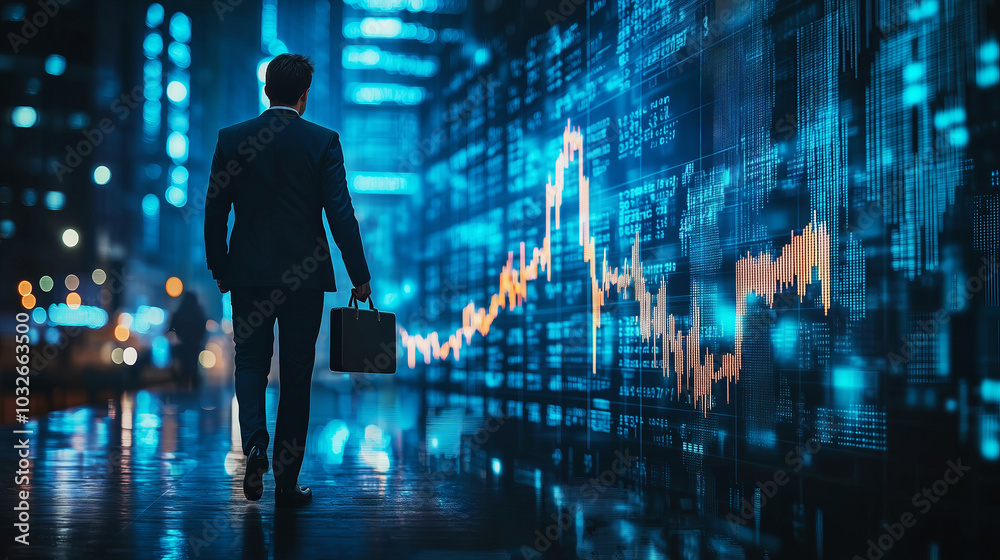 A businessman walking at night in a city with a briefcase, surrounded by glowing blue financial data charts and stock graphs projected on tall buildings, symbolizing finance and technology.