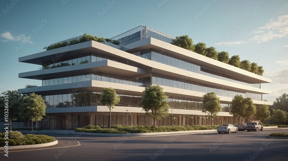 Modern office building with sleek, minimalist design and abundant natural light in urban setting. Modern office building with sleek, minimalist design and abundant natural light in urban setting.