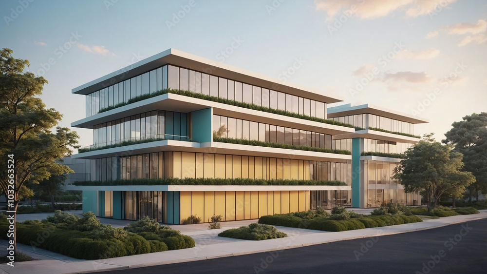 Modern office building with sleek, minimalist design and abundant natural light in urban setting. Modern office building with sleek, minimalist design and abundant natural light in urban setting.