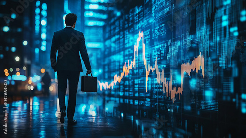 Obraz na płótnie A businessman walking at night in a city with a briefcase, surrounded by glowing blue financial data charts and stock graphs projected on tall buildings, symbolizing finance and technology. w salonie