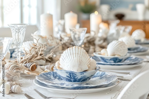 Thanksgiving with a coastal theme, featuring white and blue tones, seashell decor, and seafood dishes