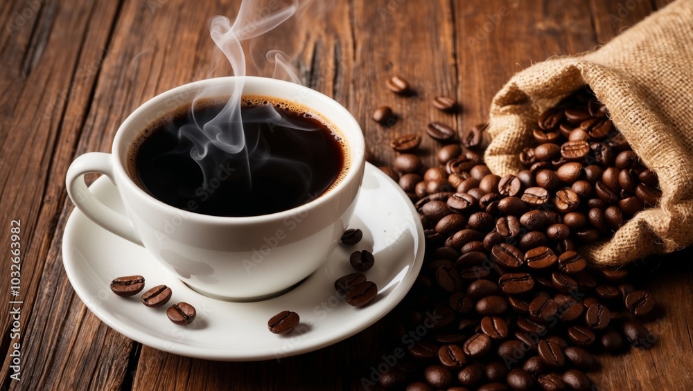Steaming coffee cup on rustic wooden table