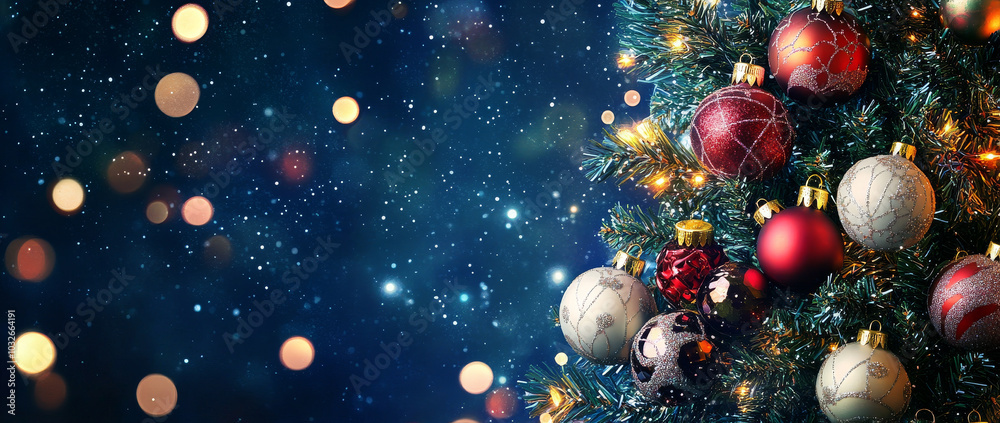 Christmas background with decorations and bokeh lights. Christmas tree decorated with colorful ornaments and stars on dark blurred background. Festive New Year or Easter greeting card. Christmas background with decorations and bokeh lights. Christmas tree decorated with colorful ornaments and stars on dark blurred background. Festive New Year or Easter greeting card.