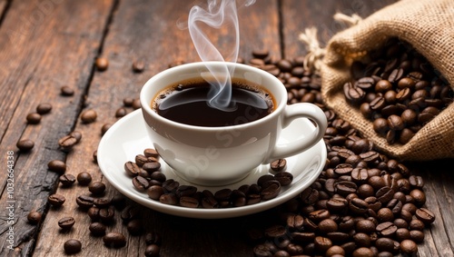 Rustic coffee cup with steaming beans on wooden table