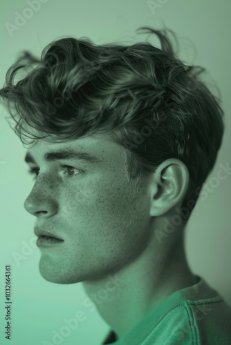 Thoughtful Young Man in Pastel Green Monochrome for Creative Design Projects