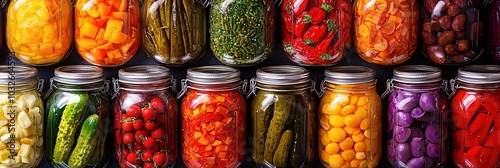 overhead photo of jars of pickled vegetables on tabletop