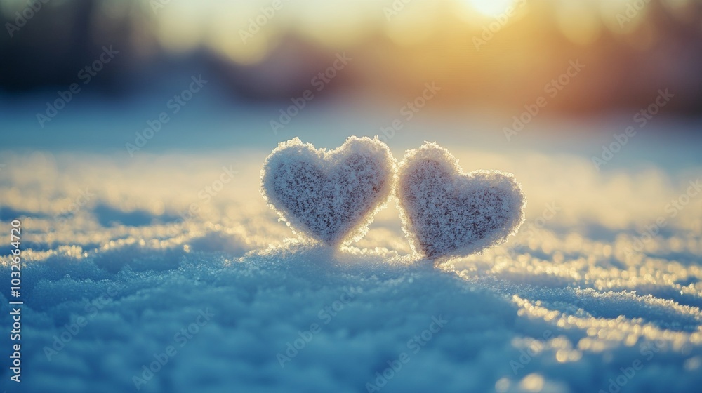 Fototapeta premium Two snow-covered hearts resting on a serene snowy landscape with a warm glowing sunset in the background during winter. With copy space for text.