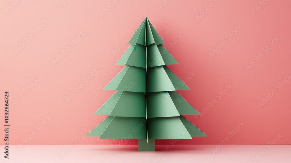 A minimalist green paper Christmas tree against a soft pink background, perfect for festive decor and holiday-themed projects. A minimalist green paper Christmas tree against a soft pink background, perfect for festive decor and holiday-themed projects.