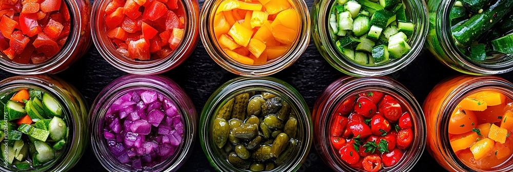overhead photo of jars of pickled vegetables on tabletop overhead photo of jars of pickled vegetables on tabletop