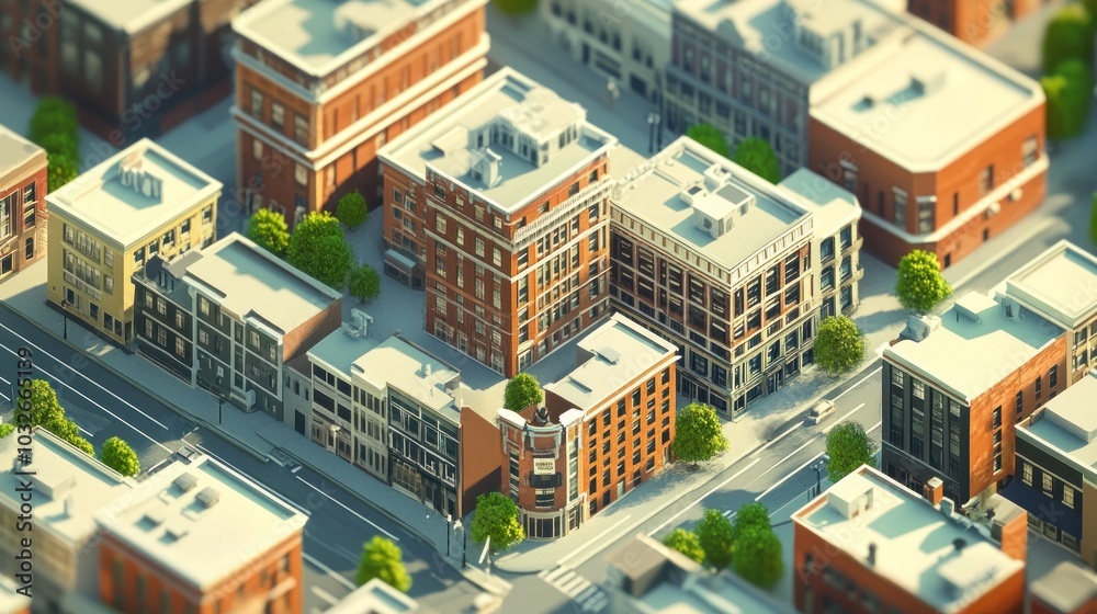 Aerial view of a city block featuring buildings, trees, and streets in a miniature style. Aerial view of a city block featuring buildings, trees, and streets in a miniature style.