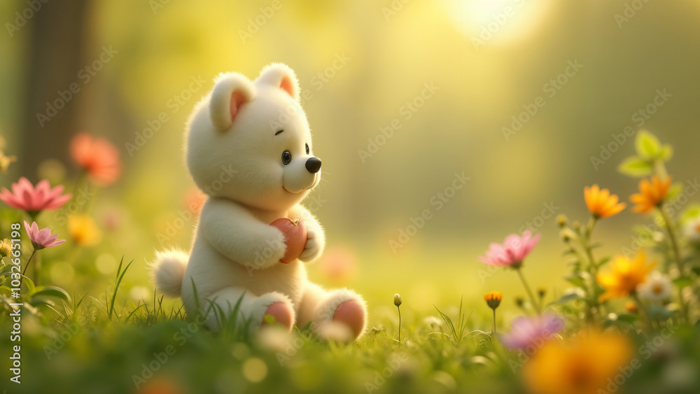 A Whimsical White Teddy Bear in an Enchanting Garden Filled with Colorful Flowers A Whimsical White Teddy Bear in an Enchanting Garden Filled with Colorful Flowers