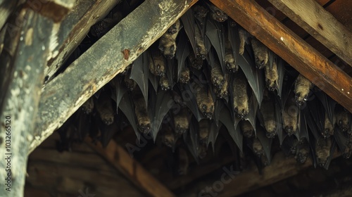 Lots of brown bats hanging upside down under the wooden roof of a barn